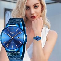 ZZOOI LIGE Womens Watches Top Brand luxury Analog Quartz Watch Women Full Blue Mesh Stainless Steel Date Clock Fashion Ultra-thin Dial