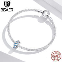 BISAER Fish Scale Spacer Charms 925 Sterling Silver Blue Zircon Open Beads Pendant DIY Bracelets Jewelry Accessories ECC1513