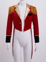Red Kids Boys Circus Ringmaster Costume Long Sleeves Tassels Adorned Dip Hem Tailcoat Jacket Lion Tamer Fancy Cosplay Outfit
