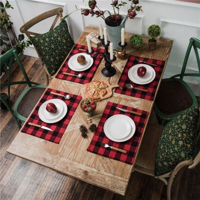1Pc 32x45cm Thicken Red Black Grid Placemat Christmas Party Decor Table Mat Insulation Pad Cotton Linen Coaster