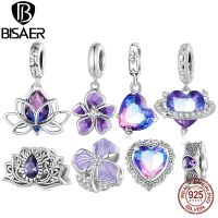 BISAER 925 Sterling Silver Lotus Flower Charm Bead Gradient Purple Crystal Pendant Fit Women DIY Bracelet Necklace Fine Jewelry