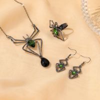 【lz】❉✺  Gótico aranha verde cristal colar brincos anel conjunto de jóias personalidade acessórios festa de halloween moda presentes de aniversário