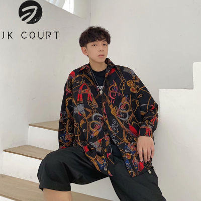 JK Court แฟชั่นฤดูใบไม้ร่วงเด็กผู้ชายทรงหลวมสไตล์อ่อนหวานอเนกประสงค์เสื้อเชิตเวอร์ชั่นเกาหลีเทรนด์เสื้อเชิ๊ตลายดอกไม้ของเสื้อคลุมบางๆ