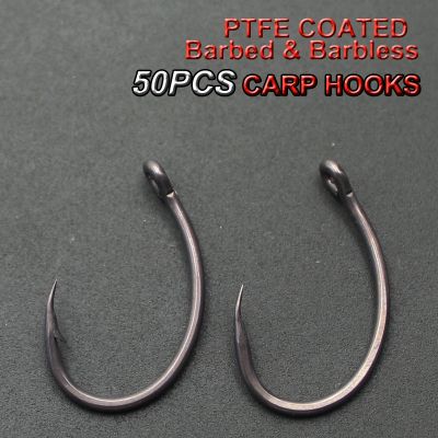 50PCS PTFE Coated High Carbon Stainless Steel Barbed hooks Carp Fishing Hooks Curved Wide Gape Micro Barbed Barbless Carp Hook