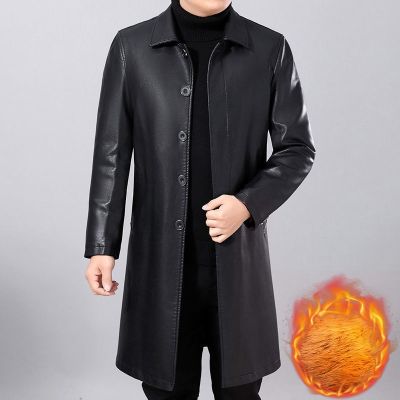 ZZOOI Middle-Aged Mens ClothingWinter Lapel Long-Sleeved Single-Breasted Thermal PU Coat Male Leather jacket
