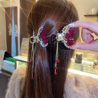 [COD] Flocking flower hair clip diamond fan red bead tassel fashion shark high-end accessories headdress