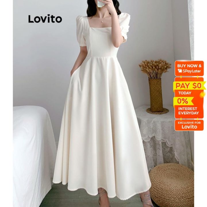 Lovito Plain Square Neck Dress For Women (White) LEX01047 CODrwxl205646