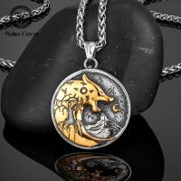 Never Fade Vikings Celtic Wolf Moon Necklaces Men Gold Color Stainless Steel Norse Runes Vegvisir Amulet Pendant Antique Jewelry