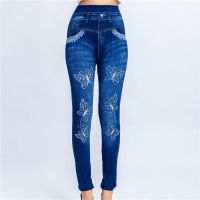 【VV】 2023 Waist Fake Jeans Leggings Print Ankle Length Pants Super Stretch Imitation