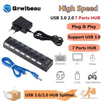 GRWIBEOU USB 3.0ฮับแยก USB ที่พ้วง USB 3 Hab ใช้อะแดปเตอร์ไฟ7พอร์ตขยายหลาย USB ฮับ2.0พร้อมสวิตช์สำหรับคอมพิวเตอร์พีซี