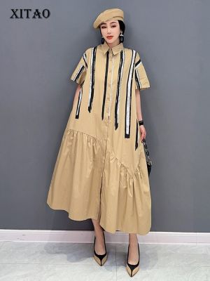 XITAO Patchwork Casual Dress Woman Fashion Loose Turn-down Collar Short Sleeve Dress