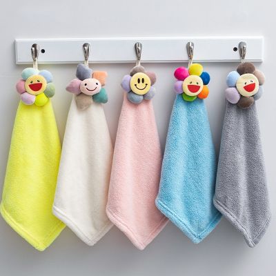 ▲♤ Baby Coral Fleece Towels Lovely Sun Flower Soft Facecloth Bath Towel Kids Hanging Hand Towel Toy Super Absorbent Towel for Child
