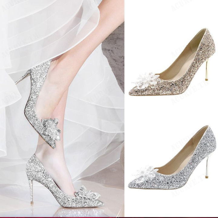 acurve-รองเท้าแต่งงานสีเงินของผู้หญิงชี้นิ้วเท้าออกแบบส้นสูงเลื่อมสไตล์ฤดูใบไม้ร่วง