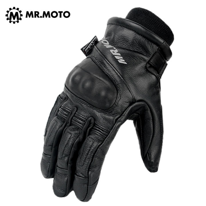 mrmoto-ถุงมือขี่มอเตอร์ไซค์ผู้ชายหนังย้อนยุคถุงมือมอเตอร์ไซค์กันน้ำไรเดอร์ป้องกันการตกสีดำ