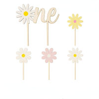 5 ชิ้น/แพ็ค INS Kids Little Daisy Birthday Cake Toppers Baby Shower Flower Wooden Cake Sticker Sunflower Cake Decorations-Caidour