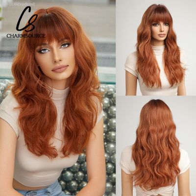 CharmSource Orange Copper Yellow Synthetic Wigs Long Wavy Wig with Bangs for Women Natural Cosplay Body Wave Heat Resistant Hair [ Hot sell ] vpdcmi