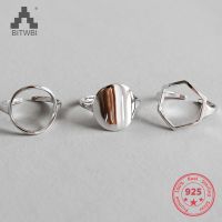 {BUSA Fashion Accessories} BITWBI Minimalist 925เงินสเตอร์ลิงเรขาคณิตรอบแหวนหกเหลี่ยมสำหรับผู้หญิงงานแต่งงานเปิดแหวนปรับเครื่องประดับ Fine Gift