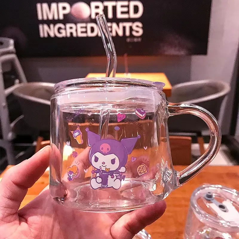 Kawaii Hello Kitty Sanrio Cartoon Glass Cup Lid Straw 3Pcs Set Anime Kuromi  Cinnamoroll Breakfast Milk Cup Casual Juice Cup Gift