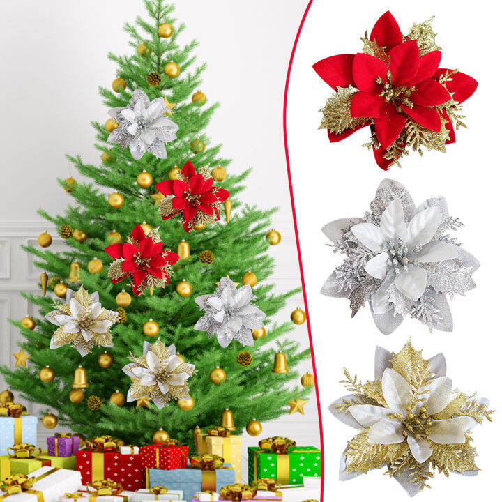 Artificial Holiday Flowers Christmas Three Red Flower Gold 10PC