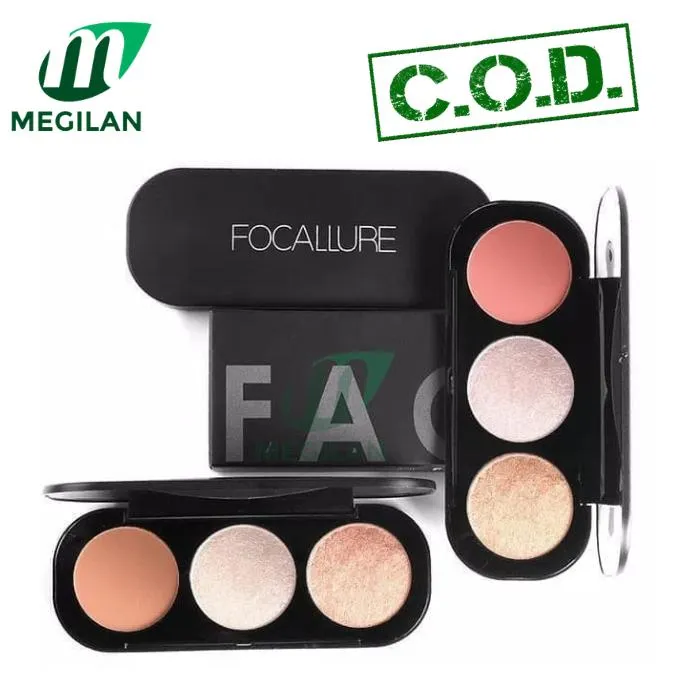 FOCALLURE 3 Colors Blush & Highlighter Palette Face Highlighter Powder