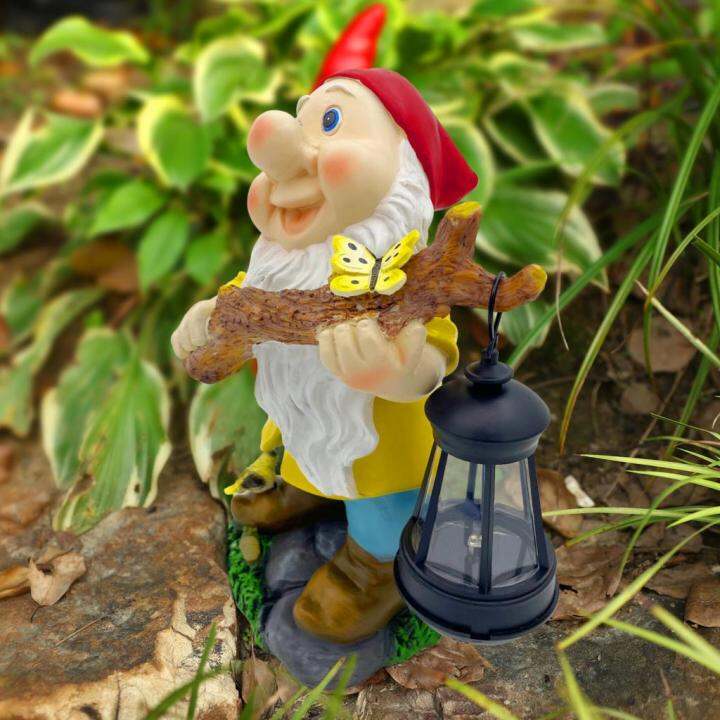 Solar Garden Gnome Holding Lamp Sculpture Cartoon Naughty Dwarfs ...