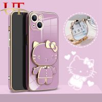 Hello Kitty ขาตั้งกระจกสัมผัสแบบสุดหรูสำหรับ Iphone 15 Pro Max Iphone 15 Plus ฝาหลังซิลิโคนนิ่มเคลือบอิเล็คโทรเพลทป้องกันการตก