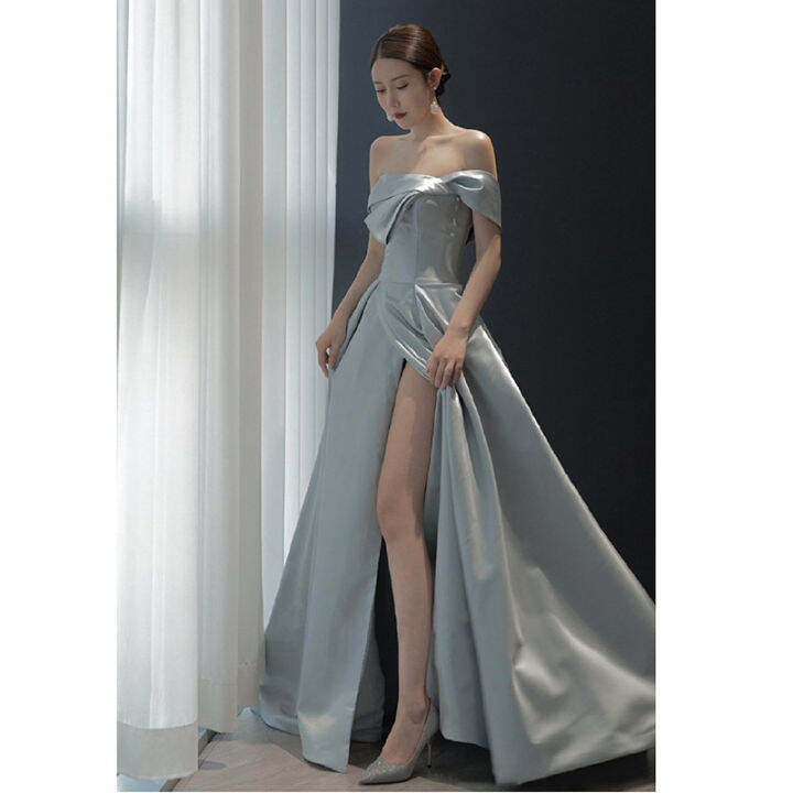 Light Blue Korean Split Long Birthday Party Evening Dress Elegant Satin