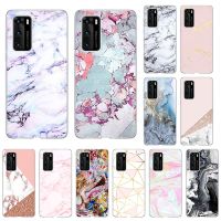 Philander SHOP เคสโทรศัพท์ซิลิโคน TPU นิ่มสำหรับ Huawei,P40 P50 Lite P30 Pro P20 Y7A Y8S Y5 Y6 Y7 2019 P-Smart Z ฝาลายหินอ่อนน้ำสีชมพูหลากสี