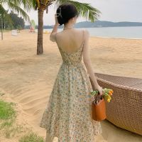 In spring summer French fairy dress female design feeling restoring ancient ways small broken flower seaside holiday condole belt long skirt