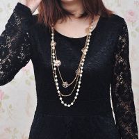 Long Simulated Pearl Necklace For Women Camellia Double Layer Pendant Sweater Chain Party Necklace