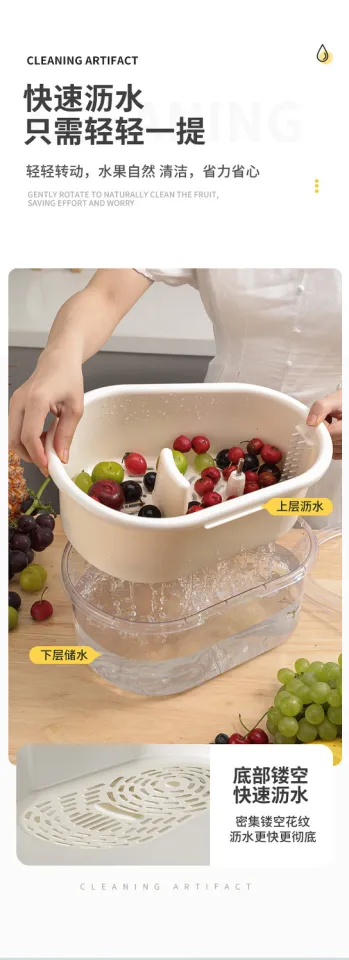 Fruit Cleaner Device in Water,Large Fruits Washing Spinner with Bowl, Lid,  Colander, Crank and Self-draining System, Fruit and Vegetable Cleaning with