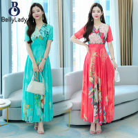 Women Short Sleeves Dress Fashionable V-neck Long Skirt Casual Printing Slimming High Waist Beach Dress【fast】