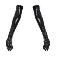 JustSaiyan เซ็กซี่ Faux หนังถุงมือฤดูหนาวผู้หญิง Wetlook Latex 60ซม. ยาวจำลองหนังบาง Full Finger Warm Mittens