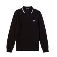 FRED PERRY ผู้ชายสีล้วน polo เสื้อลำลองผ้าฝ้าย100 แขนยาวใส่สบายระบายอากาศ