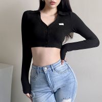 Kaos Oblong Panjang Ketat Hitam Leher-V Wanita Midriff Gadis Seksi Atasan Bawmenari