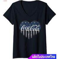 Luner เสื้อยืดลำลอง Womens Coca Cola USA Coke Heart V-Neck T-Shirt Popular T-shirts  YMEI