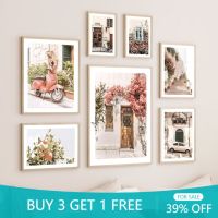 Charming Retro Town &amp; Floral Street Canvas Wall Art: ภาพพิมพ์รถยนต์และจักรยานสำหรับห้องนั่งเล่นตกแต่งบ้าน0919