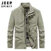 JEEP SPIRIT เสื้อแจ็คเก็ตผู้ชายใหม่หลวม Stand-Up Collar Multi-Pocket Thin Breathable Work Jacket