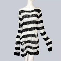 ；【‘；- Summer Women New Punk Gothic Striped Cool Hollow Out Hole Broken Long Unisex Sweater Rock Thin Dark Jumper Loose Streetwear Top