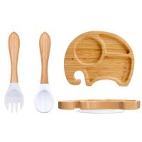 3Pcs Baby Bamboo Plate Silicone Suction Kids Wooden Feeding Tableware Non-slip Dinnerware Baby Tableware for Baby Birthday Gift Bowl Fork Spoon Sets