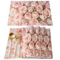 4/6pcs Placemats Set Roses Pink Flowers Table Mats Cotton Linen Kitchen Accessories Home Decorative Coaster