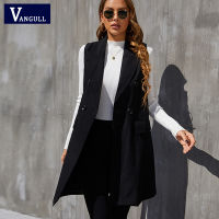 Vangull Office Lady Style Black Vest Women Turn-Down Collar Double Breasted Waistcoat Female Sleeveless Oversize Loose Long Vest