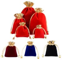 10pcs/Lot High Quality Multiple Sizes Luxury Golden Color Edge Drawstring Gift Velvet Bag for Wedding Jewelry Packing Pouch Gift Wrapping  Bags