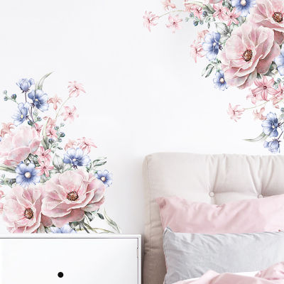 Sanwood® 2Pcs/Set Wall Sticker Decorative High Stickiness PVC Pink Peony Flower Decal for Public Places