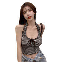 【 Dream-Life】ผู้หญิงฤดูร้อน Crop Tops, Halter ลายสก๊อตพิมพ์ Bow-Knot Ruffled สั้น Tops,สุภาพสตรี Slim Navel Vest