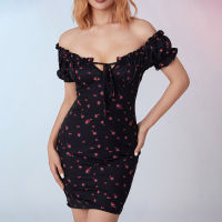 Modelhouses # Women Off Shoulder Bodycon Dress,Oomph Short Sleeve Tie Up Front Floral Print Mini Club Dress