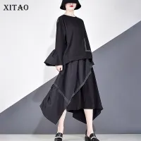 XITAO T-Shirts Black Women Flare Sleeve T Shirt Top