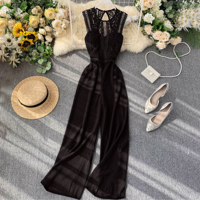 OL Women S Heart-Packing Hollow Backless Sleeveless Lace Stitching Jumpsuit Women S Slim Wide-Leg Pants 2022 New