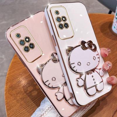 Folding Makeup Mirror Phone Case For Xiaomi Redmi 10 Prime 2022  Case Fashion Cartoon Cute Cat Multifunctional Bracket Plating TPU Soft Cover Casing