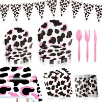 Pink Cow Print Party Supplies Plates Cups Napkins Tableware Tablecloths for Girl Boy Cow Theme Farm Birthday Baby Shower Decor